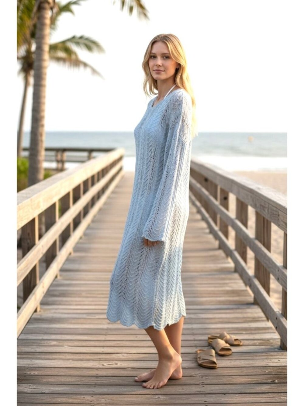 Light Blue Open Knit Long-Sleeve Beach Cover-Up Dress Relaxed Fit